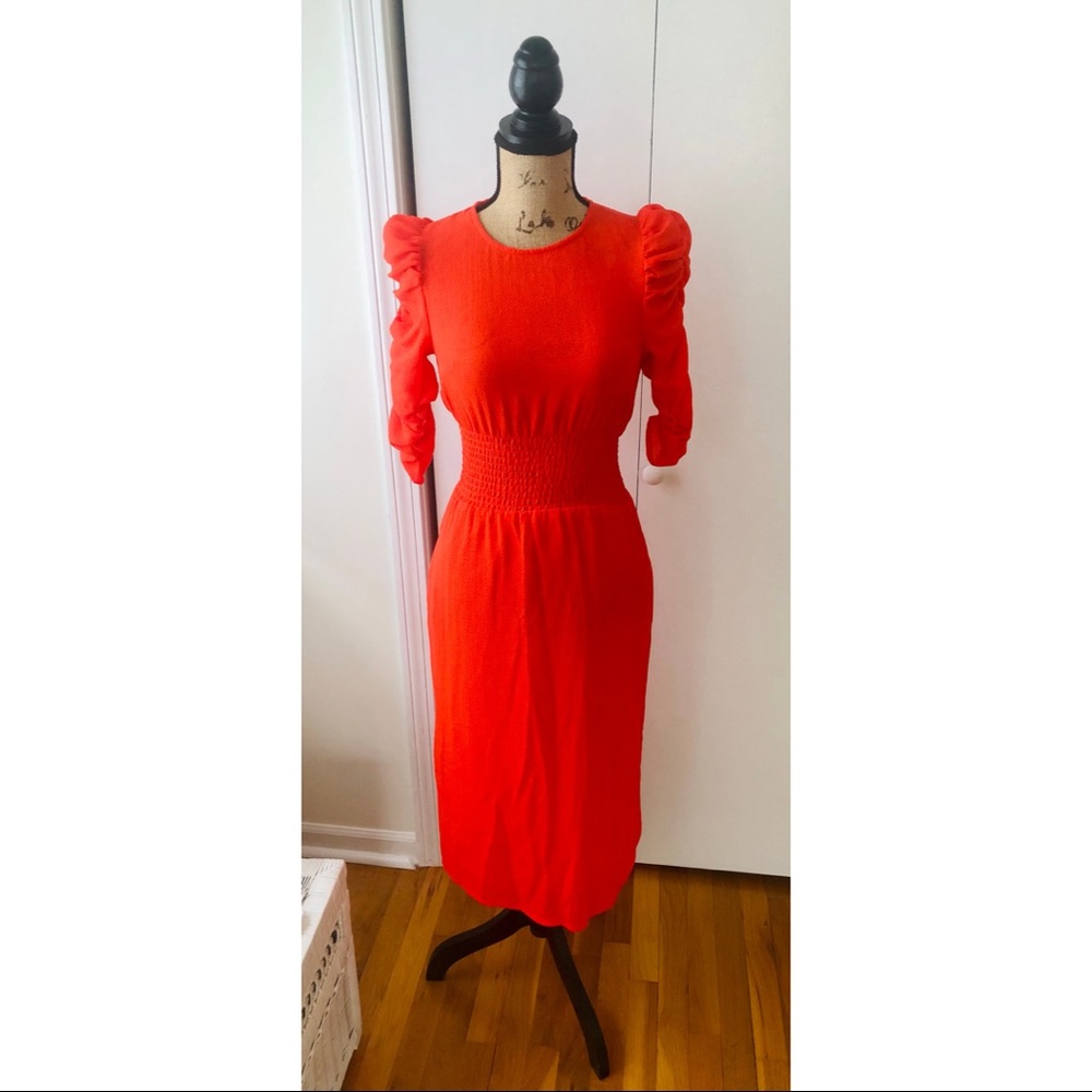 H&M true red puff sleeve A-Line midi dress with smocked waist , size US 4